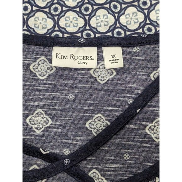 Kim Rogers Curvy Short Sleeve Knit Top Blouse Tunic Navy Size 1X Blue & White - Picture 5 of 6